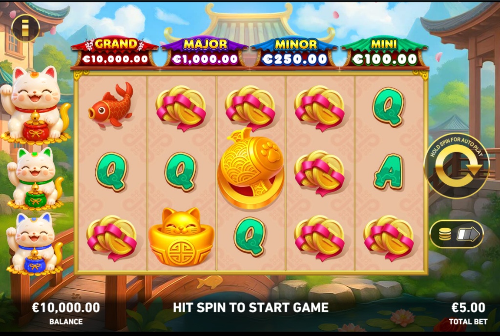Triple Meow Riches slot base game showing 5x3 grid with Koi Fish and Coin symbols under three colored Maneki-neko cats.