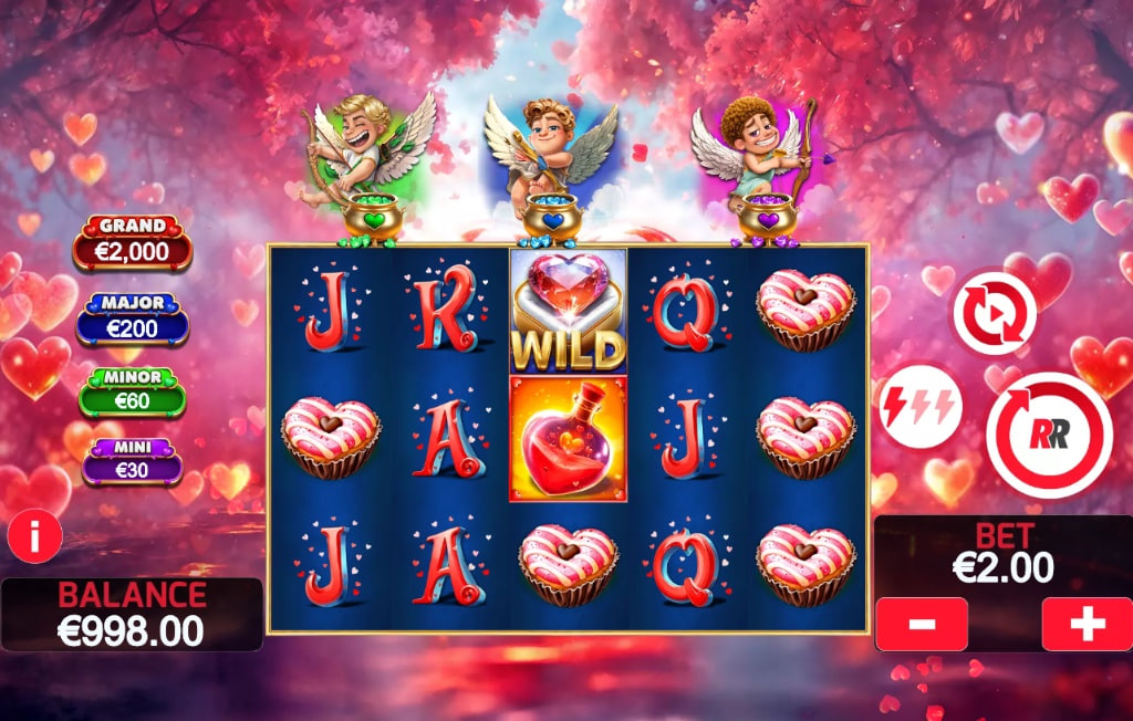 Base game reels of Triple Valentine slot by Red Rake Gaming featuring love potions, rings, and three Cupids above the grid.