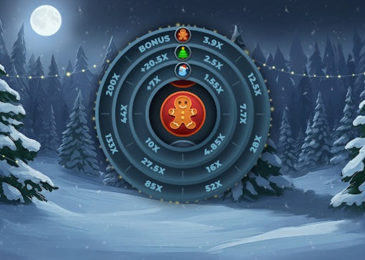 Twist X-mas slot base game interface showing concentric wheel and winter background.