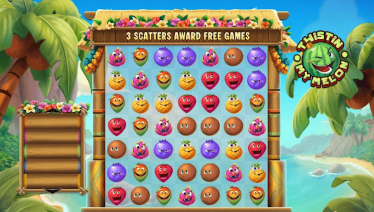 Twistin My Melon slot base game 6x6 grid with tropical beach background.
