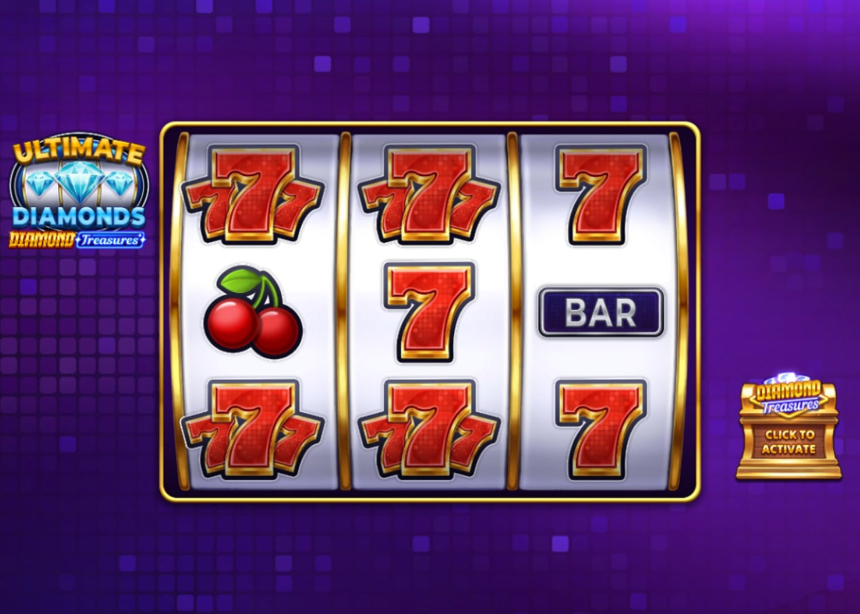 Ultimate Diamonds Diamond Treasures slot base game interface showing 3 reels and red 7 symbols.