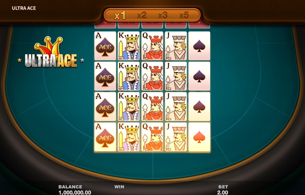 Ultra Ace slot base game interface showing 5x4 grid with card royals and golden cards on the center reels.
