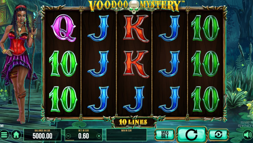 Voodoo Mystery slot base game featuring 5 reels and swamp background.