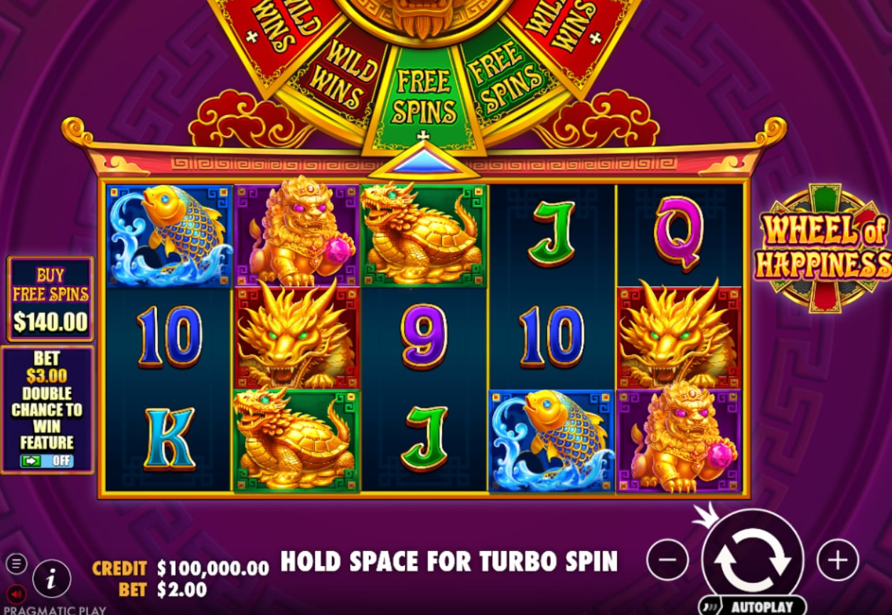 Wheel o' Gold slot base game interface featuring a 6x5 grid and Irish meadow background by Pragmatic Play.