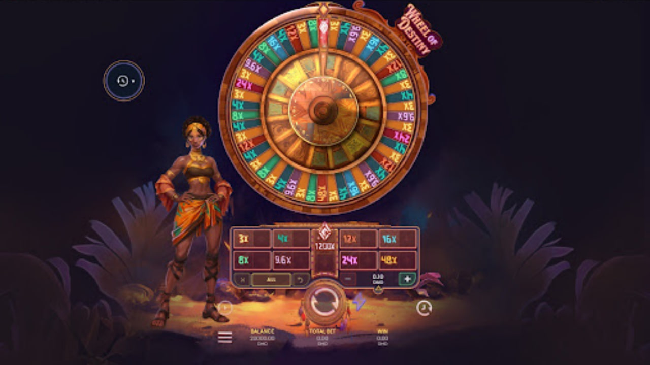 Wheel of Destiny instant win game interface by SmartSoft Gaming showing the tribal wheel, betting grid with multipliers, and the Amazonian priestess character on a dark jungle background.