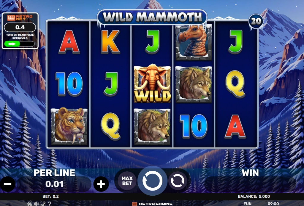 Wild Mammoth slot base game interface showing 5x4 grid and retro bet toggle.