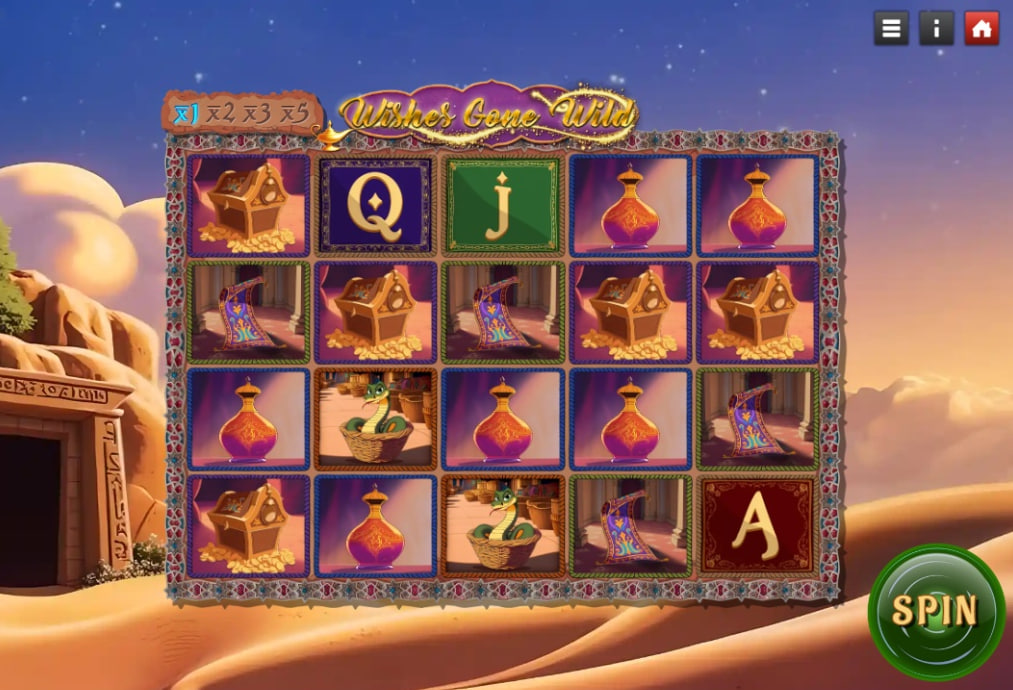 Wishes Gone Wild slot base game 5x3 grid with desert background and cascading reels.