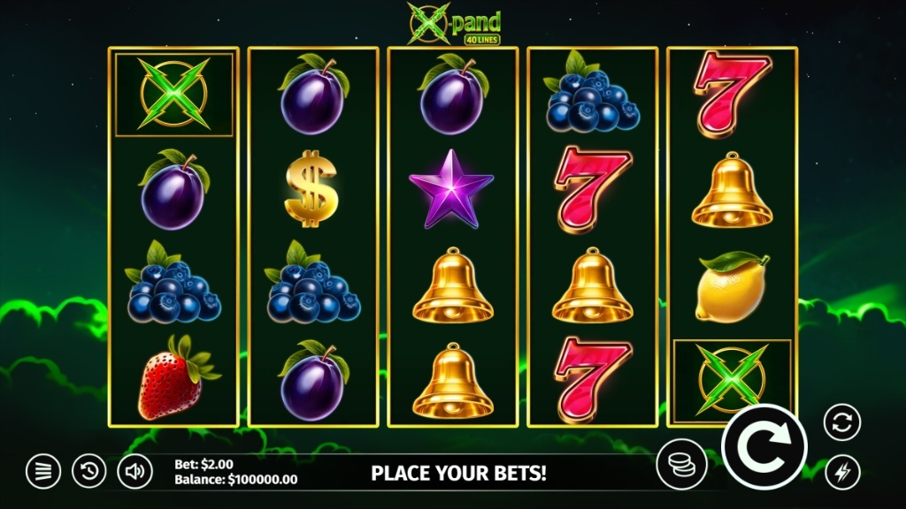 X-pand 40 Lines slot base game interface showing 5x4 grid and neon fruit symbols on black background.