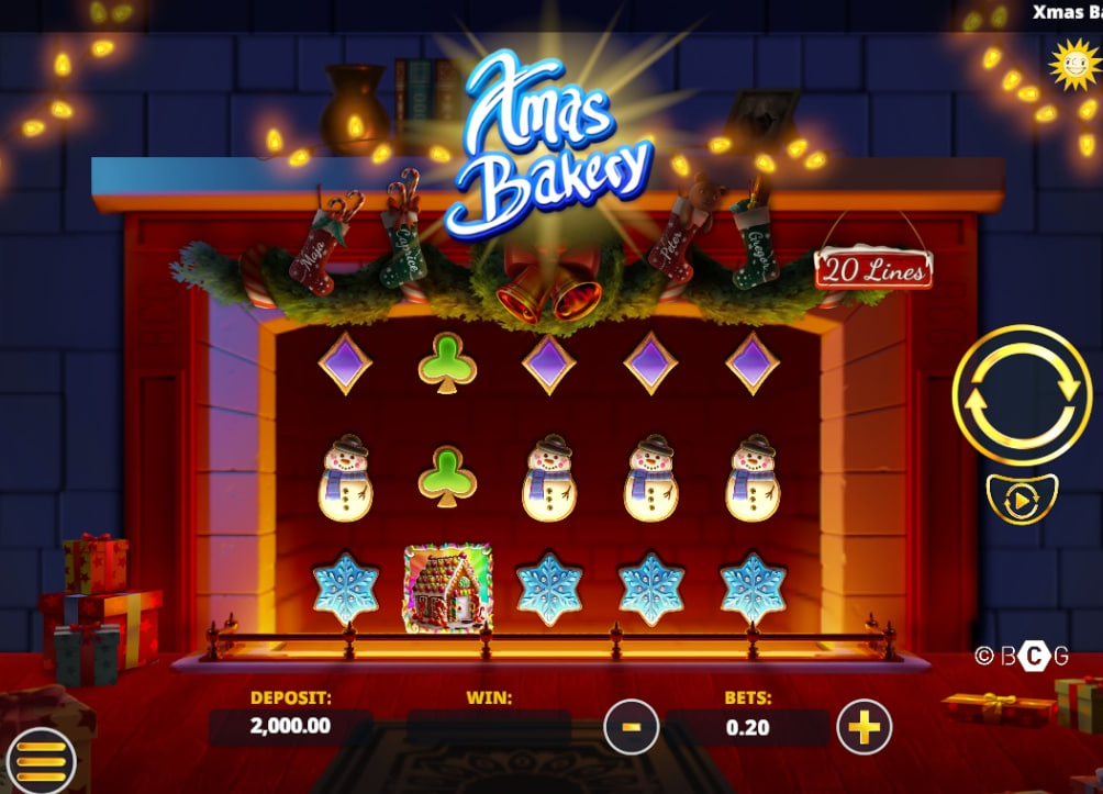 Xmas Bakery slot base game interface showing 5 reels, festive fireplace background, and snowman symbols.