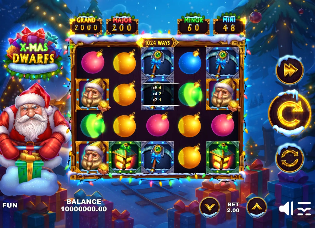 X-mas Dwarfs slot base game interface by Zillion Games showing 5x4 grid and winter forest background.