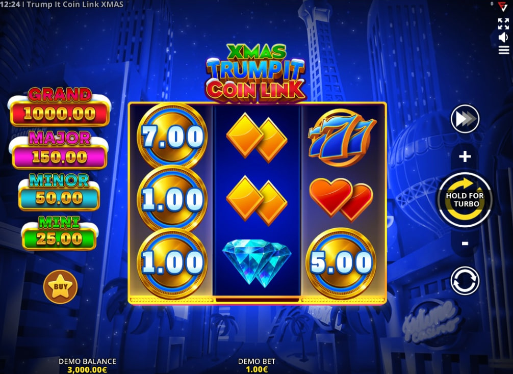 Xmas Trump It Coin Link slot base game screen showing 5x3 grid with Trump Santa wild and presidential symbols on a winter city background.