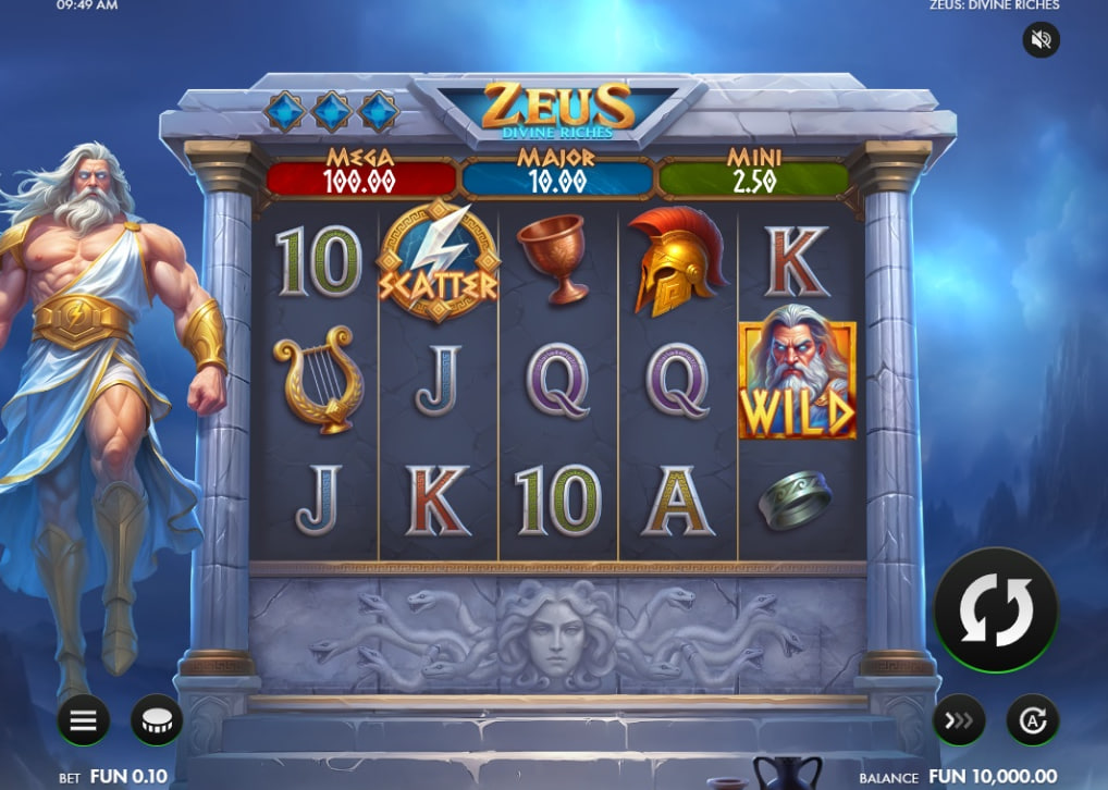 Zeus Divine Riches slot base game interface showing 5x4 grid and Zeus character on the left.