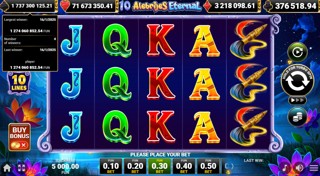 Base game reel set of 10 Alebrijes Eternal slot by Amusnet featuring neon symbols on a dark background.