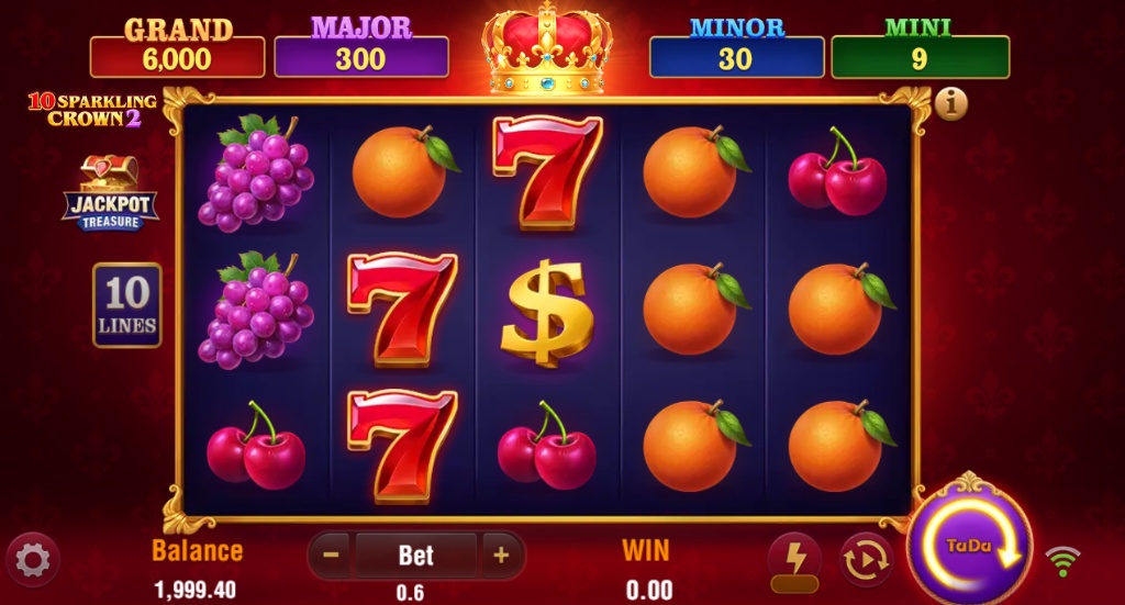 10 Sparkling Crown 2 slot base game reel view with fruit symbols