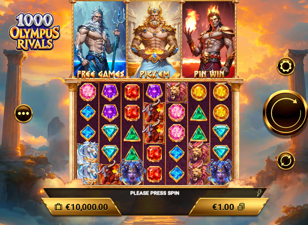 1000 Olympus Rivals slot base game with 6x5 grid and three Greek gods.