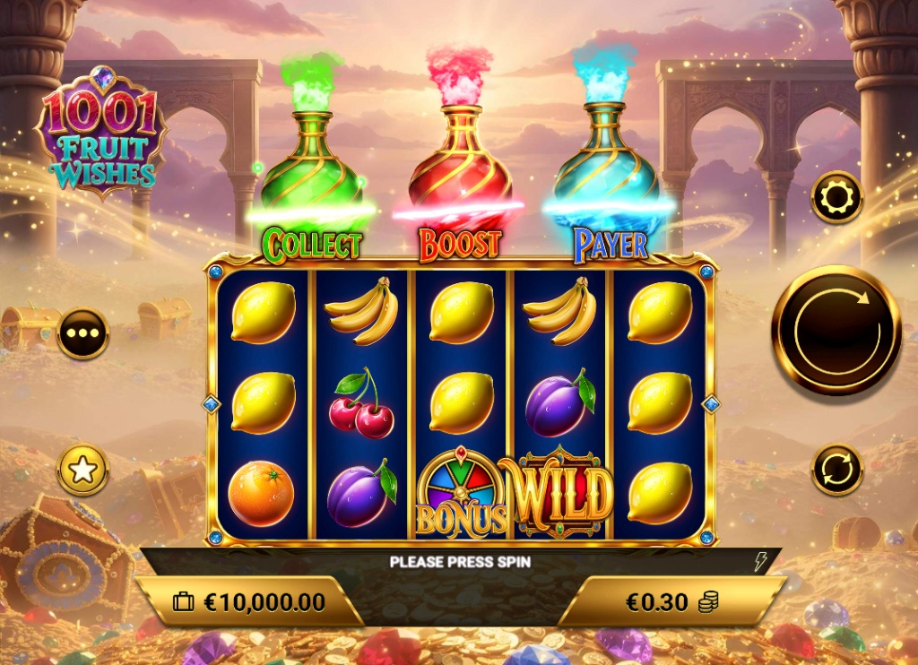 1001 Fruit Wishes slot base game screen showing 5x3 reels and magic lamps.