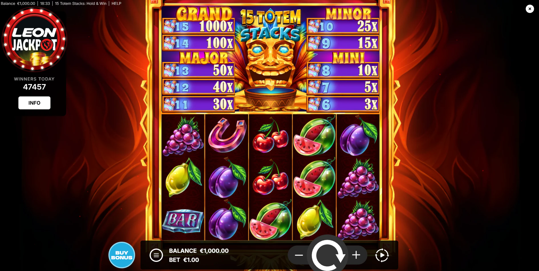 The base game grid of the 15 Totem Stacks slot, showing the 5x3 reel layout and classic fruit symbols, demonstrating the game's standard gameplay phase.