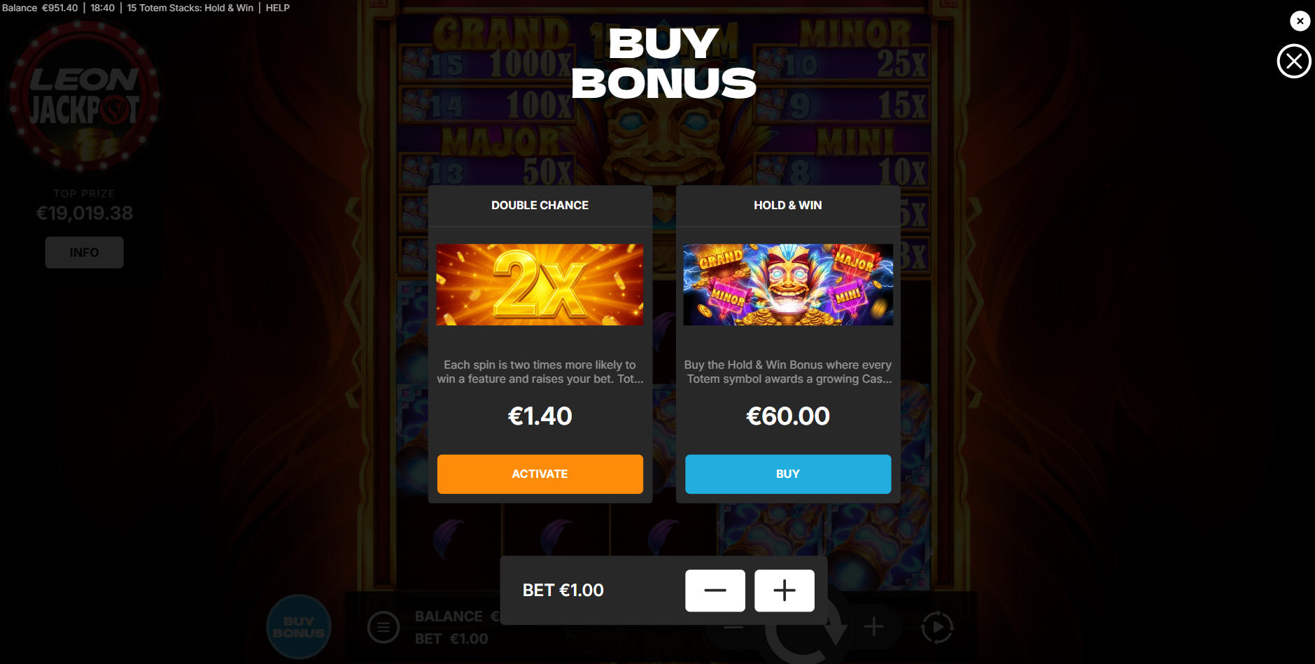 The Buy Bonus menu in 15 Totem Stacks, presenting the player with the choice between the Double Chance ante bet and the direct Hold & Win feature purchase.