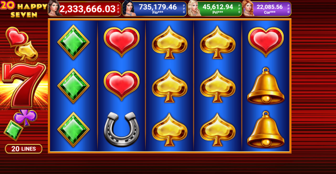 20 Happy Seven slot base game grid with gem symbols and 20 paylines.