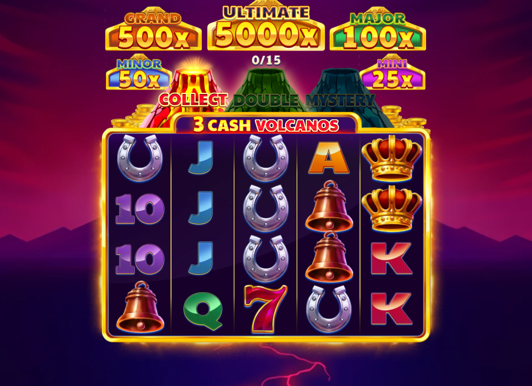 Base game interface of 3 Cash Volcanos slot showing 5x3 grid and three progress meters above reels.