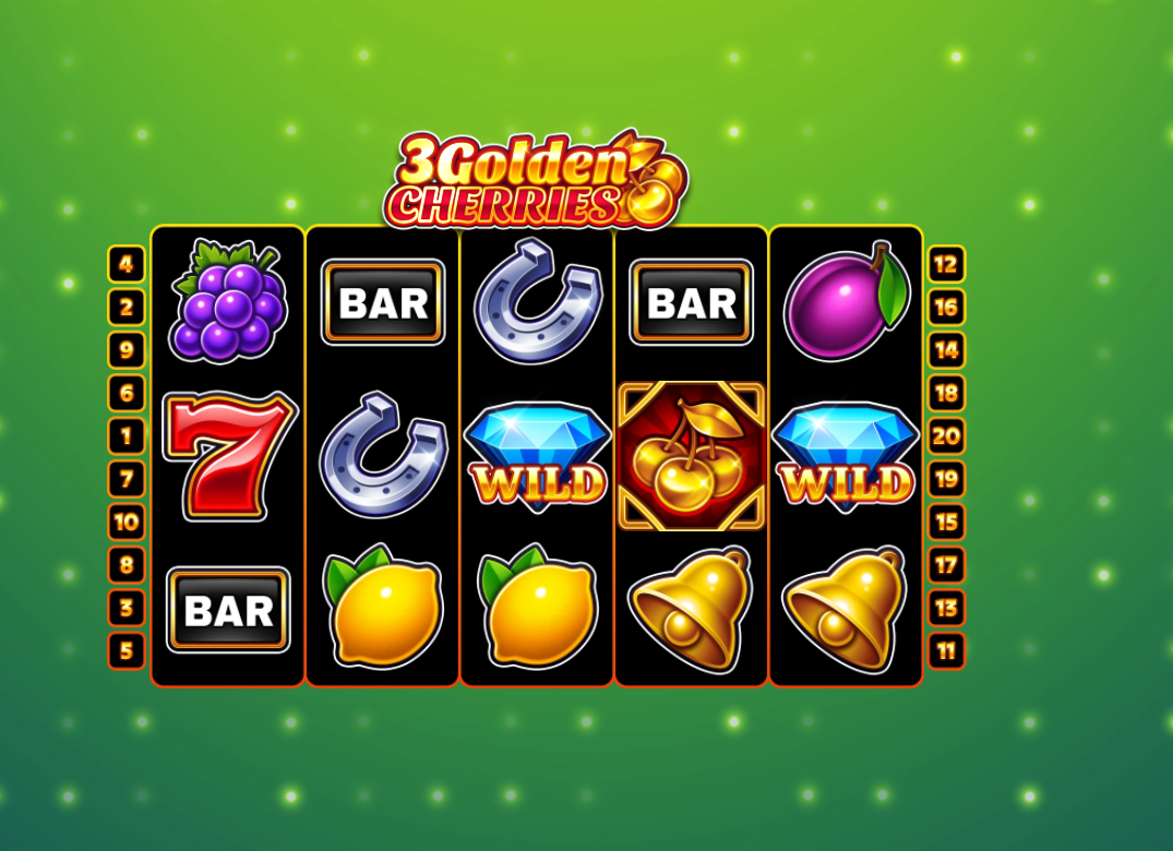 3 Golden Cherries slot base game showing 5x3 reel grid with lemons and bells on green background.