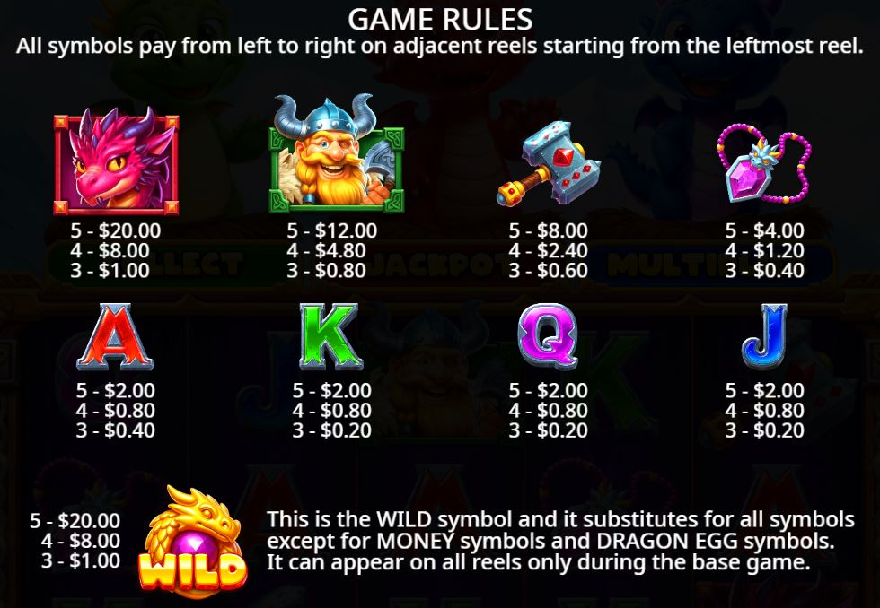 3 Magic Eggs slot paytable showing high value viking, hammer, and pendant symbols with payout values