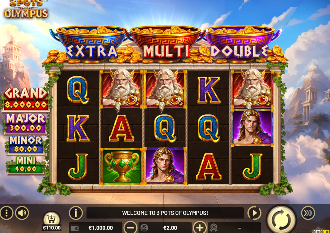 3 Pots of Olympus slot base game interface showing 5x3 grid, Greek god symbols, and three collection pots above the reels.
