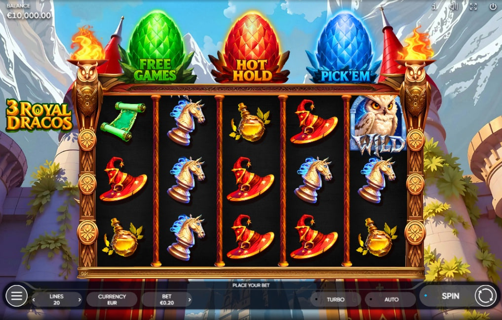 3 Royal Dracos slot main game interface showing three dragon eggs and 5x3 reel grid with tokens.