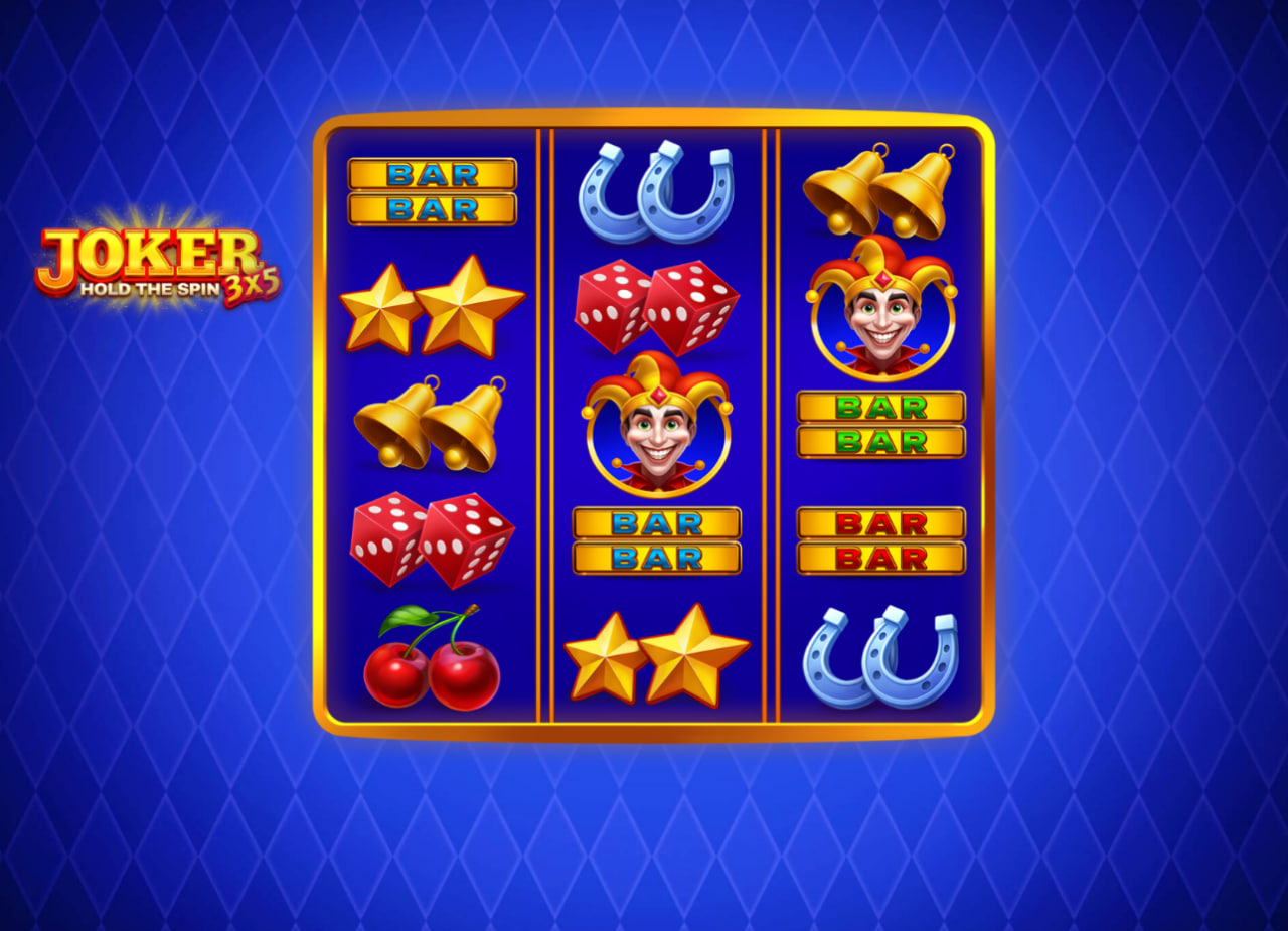 Base game interface of 3x5 Joker Hold The Spin slot by Gamzix showing the 3-reel 5-row grid and fruit symbols.