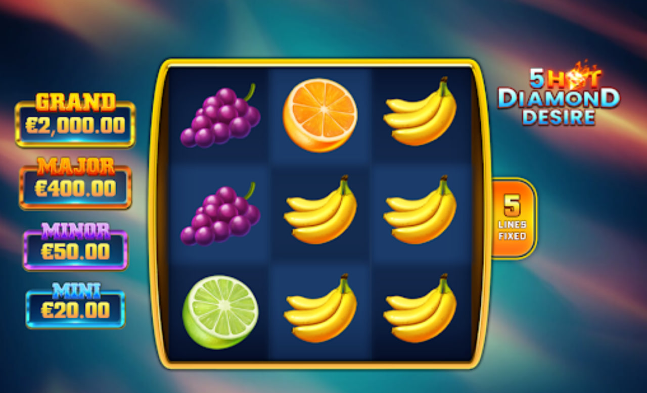 5 Hot Diamond Desire slot base game 3x3 grid with fruit symbols.
