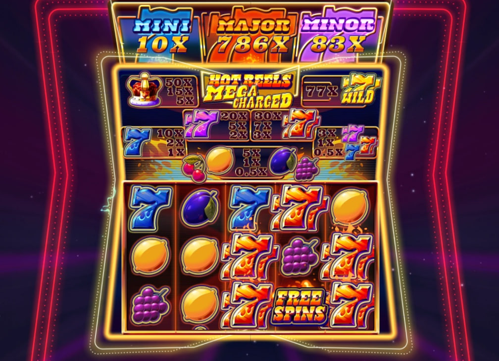 5x3 reels of 777 Hot Reels Megacharged slot by BF Games featuring neon lights, crown symbols, and jackpot counters at the top.