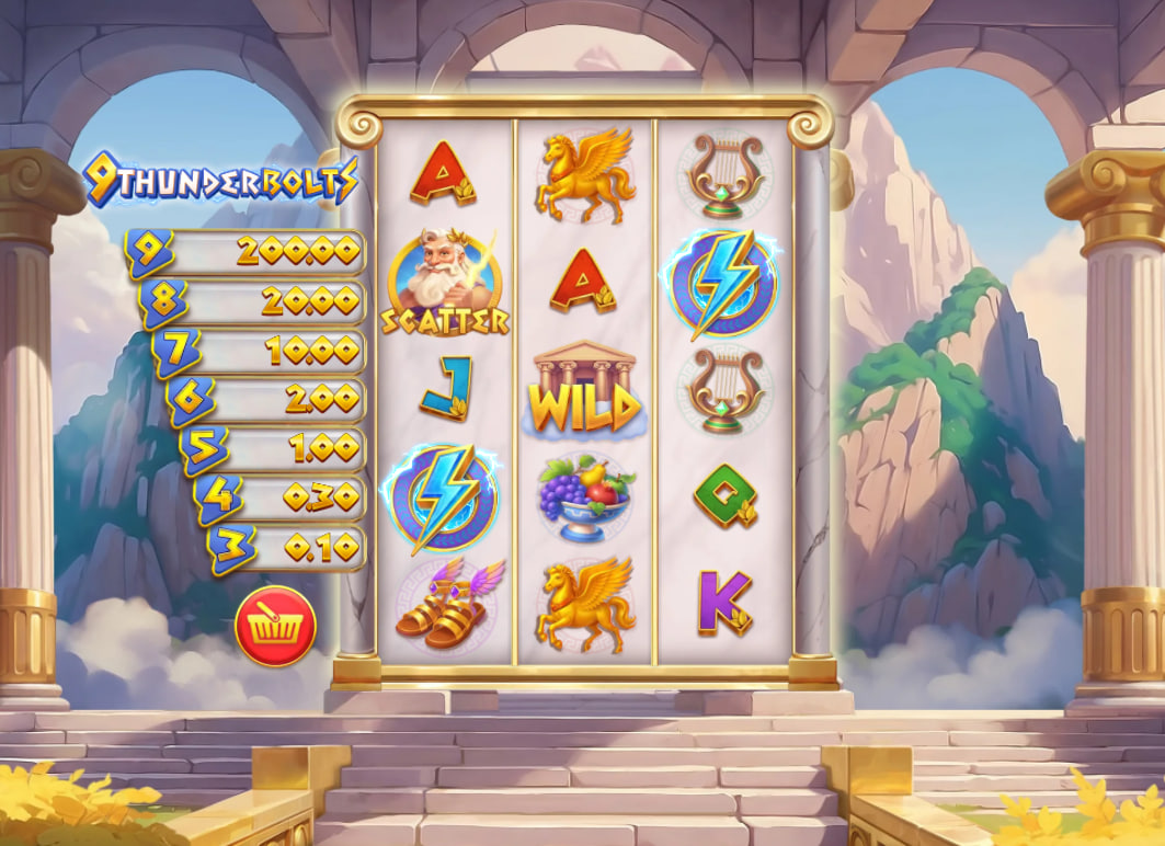5x3 reel grid of 9 Thunderbolts slot by Gamzix showing Greek temple background and prize ladder.