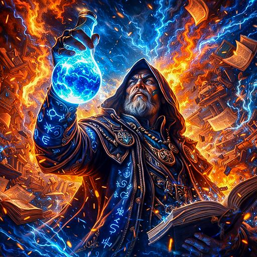 An alchemist casting a spell over a glowing potion in a chaotic lab, a scene capturing the magical transformation found in Alchemy-themed demo slots