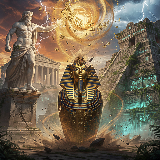 A depiction of Egyptian, Greek, and Aztec wonders clashing in an epic scene, representing the diverse collection of Ancient Civilization free demo slots available to play.