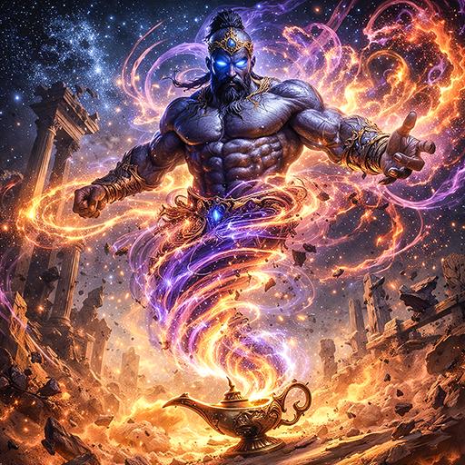 A powerful genie emerges from a magic lamp in a swirl of energy, representing the core fantasy element of Arabian-themed slots available for demo play.
