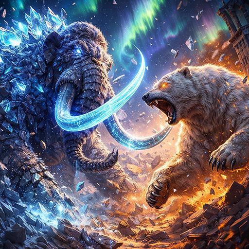 A fantasy scene of a glowing mammoth clashing with a polar bear, set in a dynamic Arctic environment, illustrating the conflict and magic central to the Arctic slots theme.