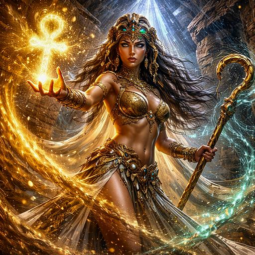 A depiction of Cleopatra in a dynamic, fantasy style, standing inside an ancient pyramid, which illustrates the mystery and power central to the Cleopatra slot theme