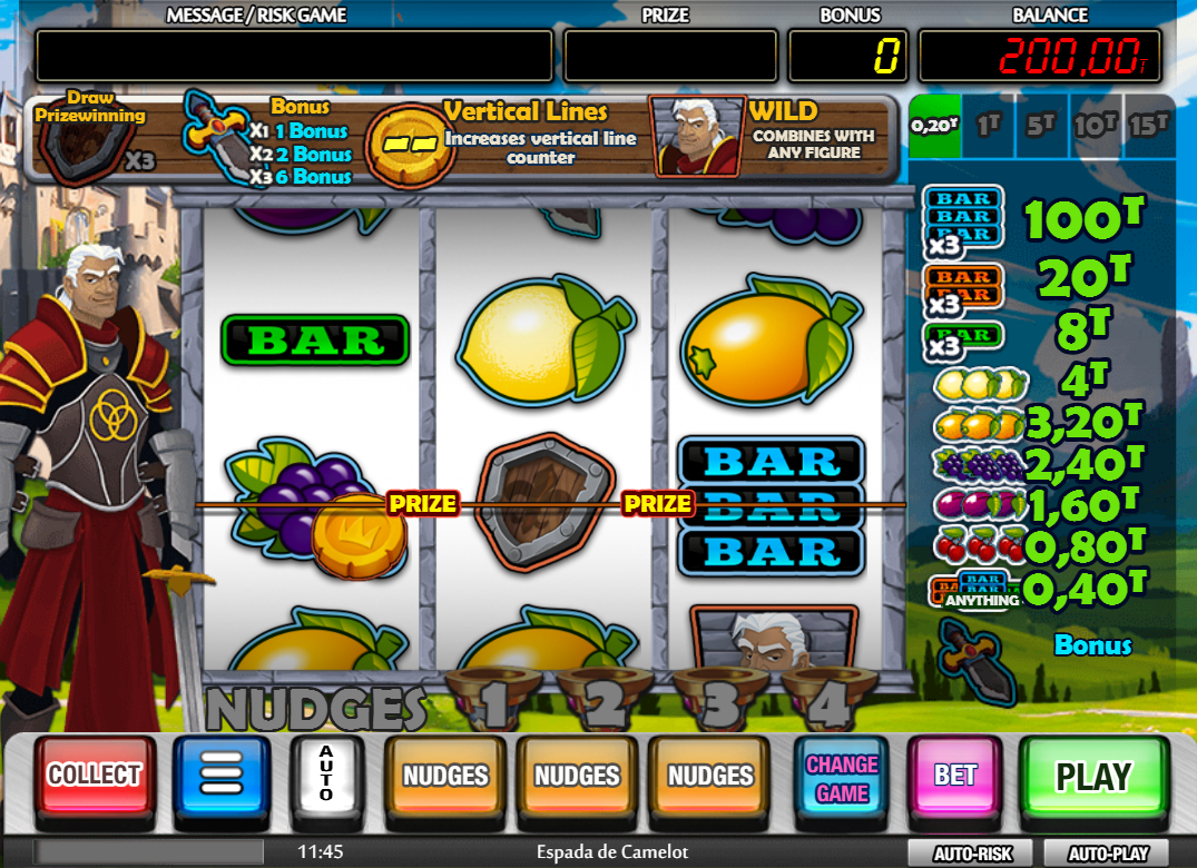 Espada de Camelot slot lower game interface featuring Arthur character, 3 reels, and nudge buttons.