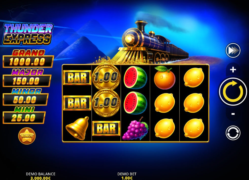 Thunder Express slot base game screen showing 5 reels, 3 rows, train engine at top, and fruit symbols like watermelons and lemons.