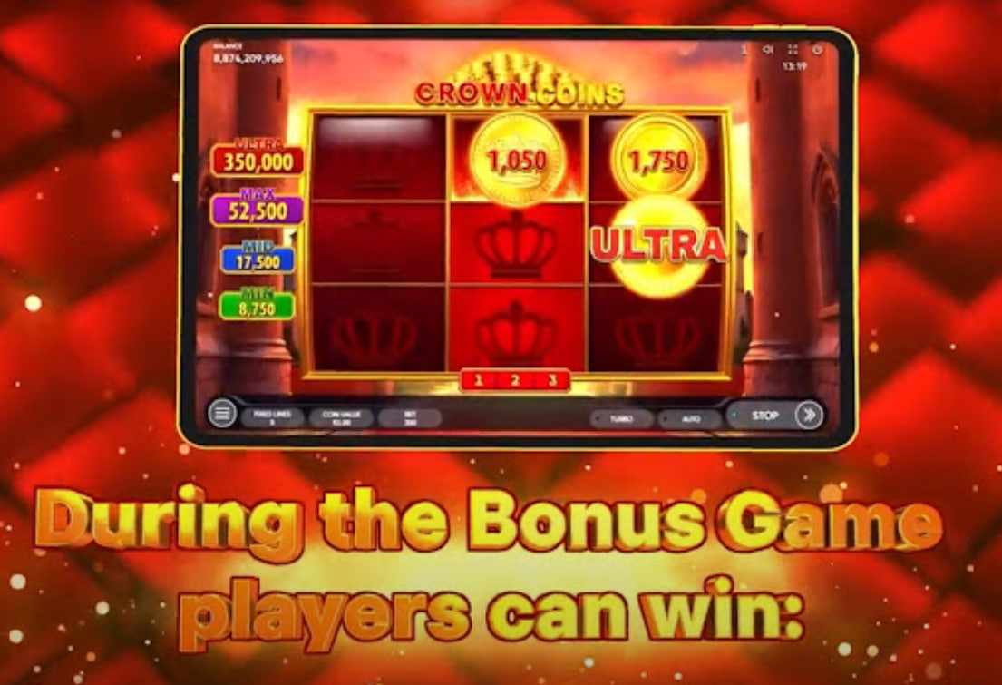 Crown Coins slot base game 3x3 grid with fruit symbols like cherries and plums on red background