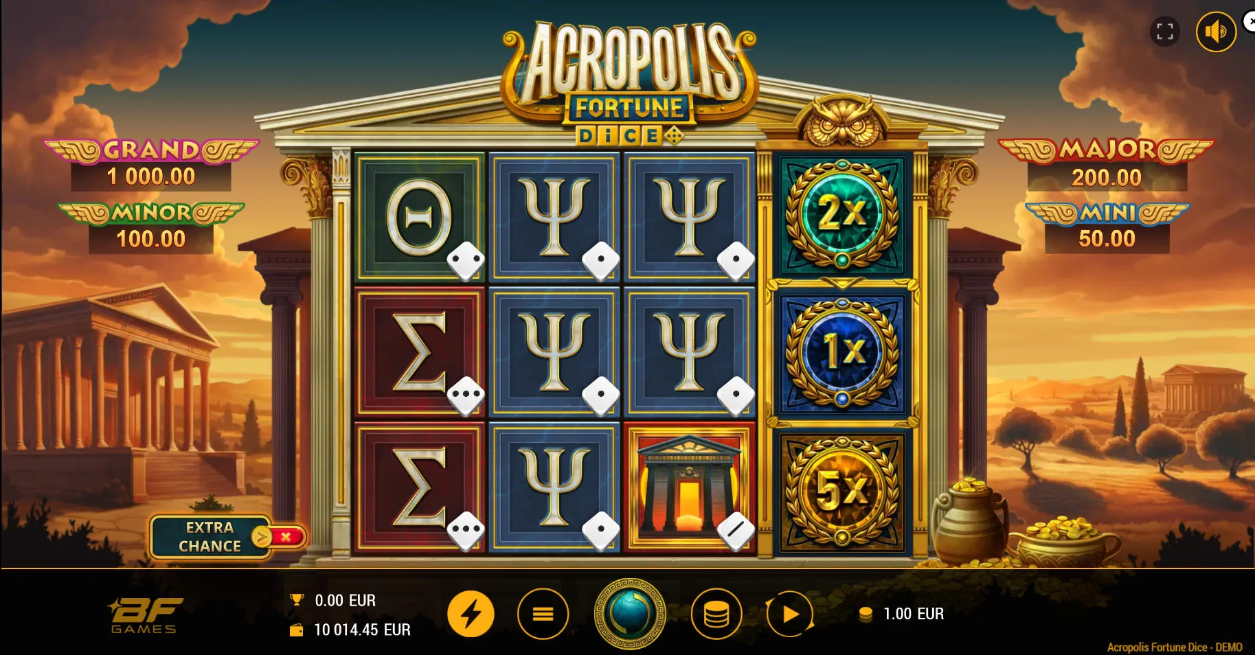 The main 3x3 game grid of Acropolis Fortune Dice with the special fourth Fortune Reel visible, showcasing the Ancient Greek symbols and dice aesthetic.