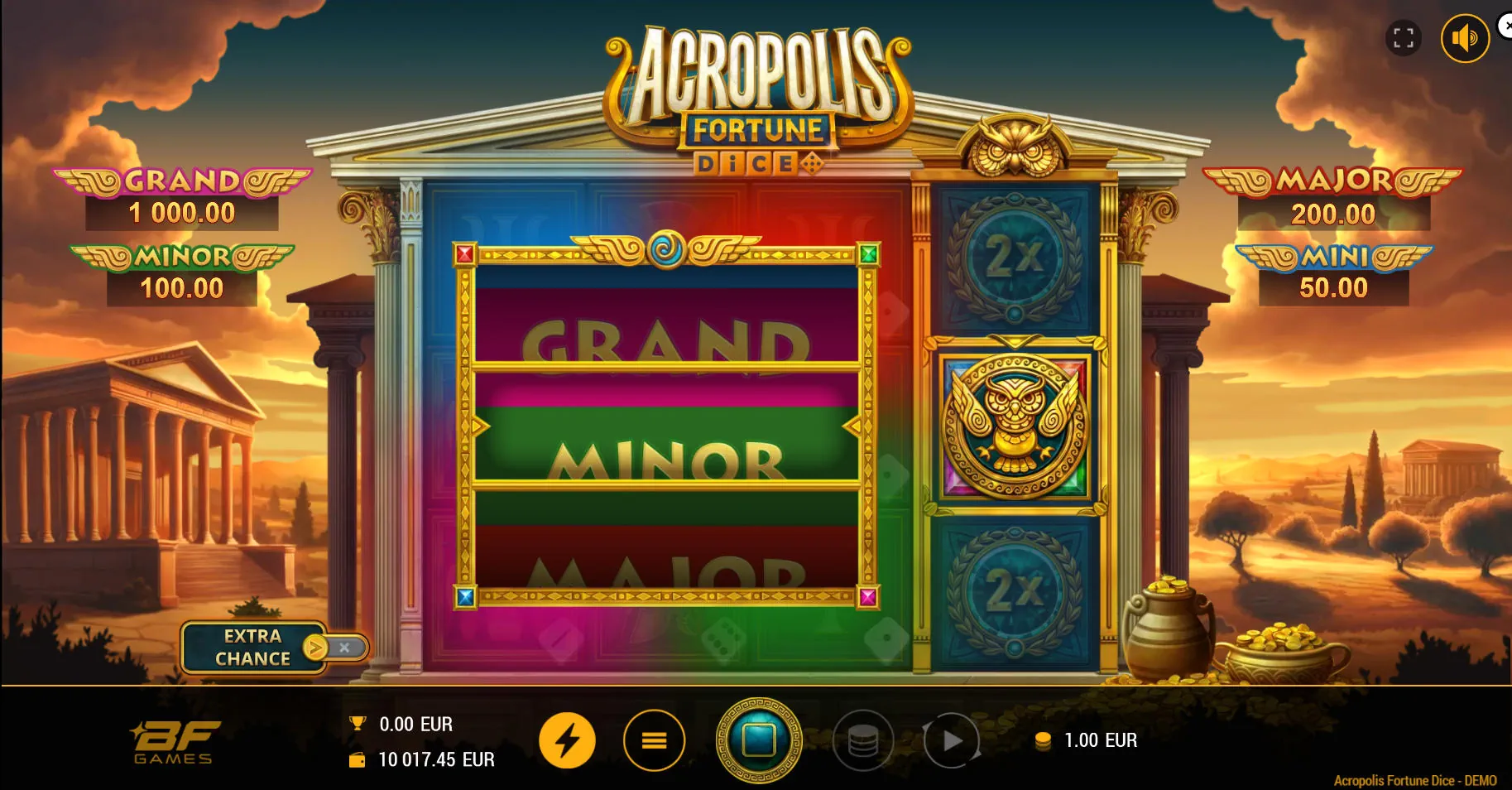 The Owl Reward symbol landing on the central position of the Fortune Reel, triggering the jackpot Rewards Feature in Acropolis Fortune Dice.