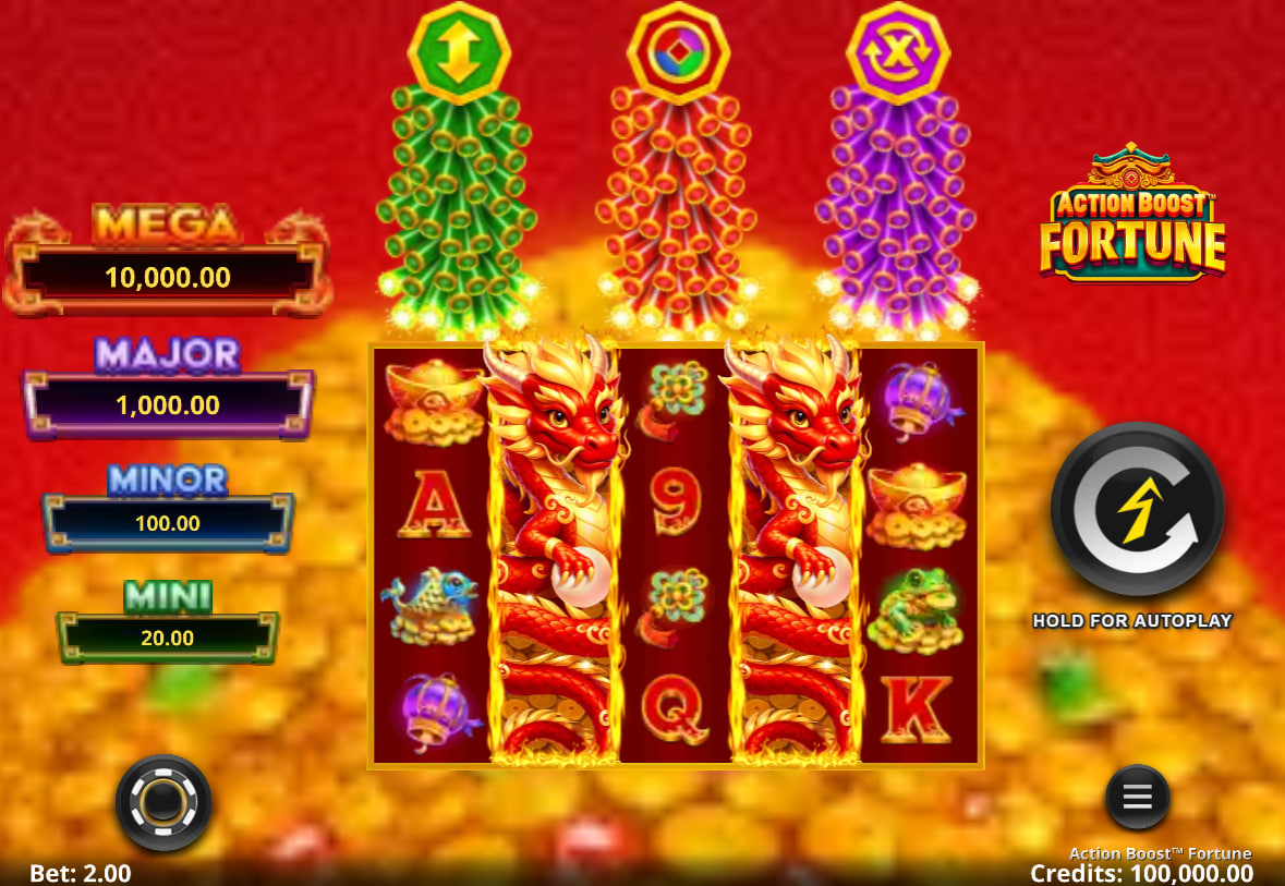 Action Boost Fortune base game grid showing the three colored firecrackers above the reels for feature tracking.
