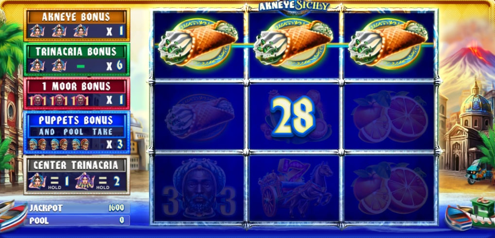 Akneye Sicily slot base game showing 3x3 grid and bonus counters on the left with Mount Etna background.