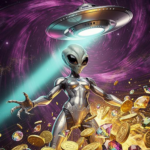 A classic grey alien in a spacesuit, showering down golden coins and gems with a flying saucer in the background, symbolizing the winning potential of alien-themed slots.