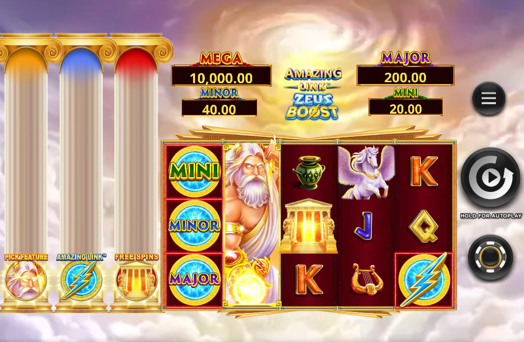 Main 5x3 reel grid of Amazing Link Zeus Boost slot showing collecting pots and Zeus wild symbol.