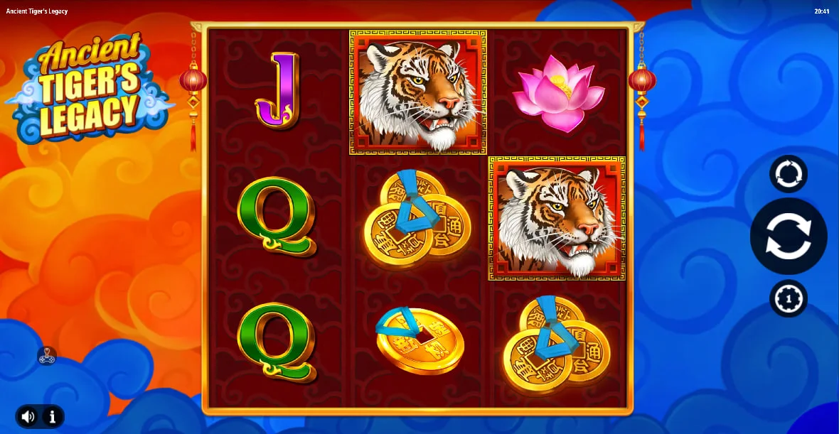 Ancient Tiger's Legacy slot main 3x3 reel grid featuring tiger and gold coin symbols for high payout potential.