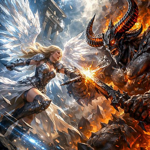 An angel with radiant wings clashes with a demon in a burst of light and shadow, set against a chaotic backdrop, illustrating the core conflict of Angel-themed slots.