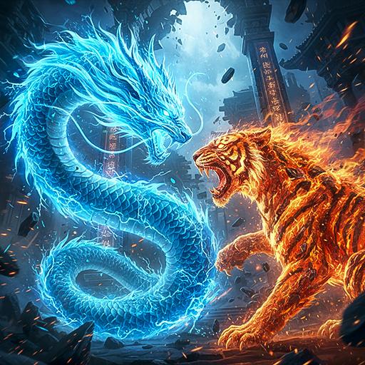 An energetic clash between a celestial blue dragon and a fiery tiger, representing the dynamic conflict in Asian-themed slots, important for illustrating the genre's focus on mythology and power.