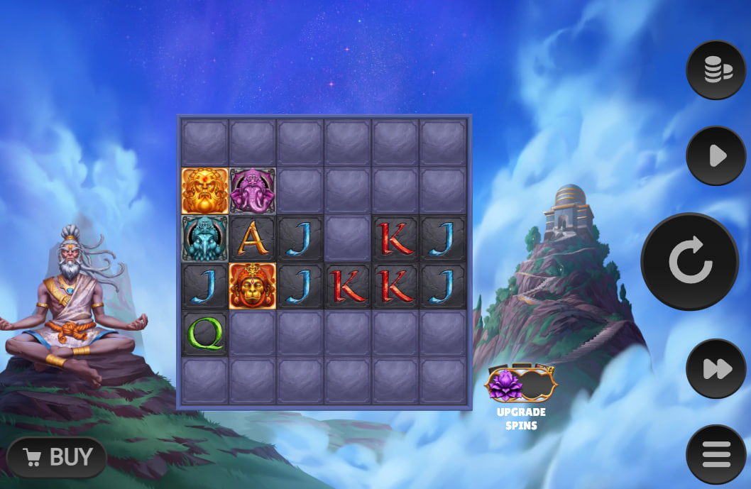Aura God slot base game grid showing 6x6 layout, stone blocks, and Hindu god symbols like Shiva and Ganesha.